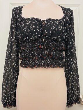 Free People Lolita Top Black Floral Smocked Crop Milkmaid Long Sleeve L
